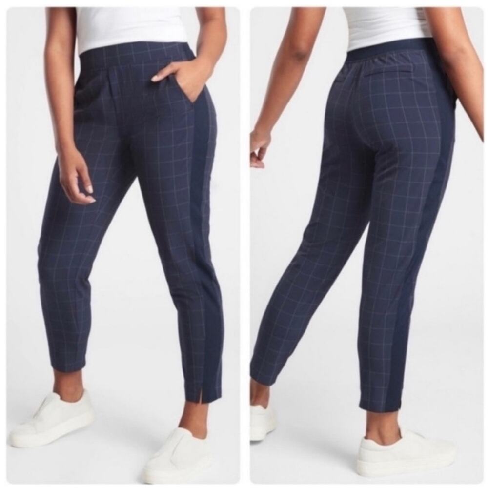 Athleta Brooklyn Textured Ankle Pants‎ in Navy Blue Window Pane 2 Casual Office